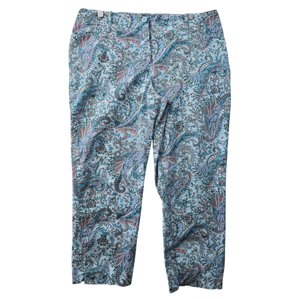Talbots Floral Paisley Long Crop Chino Pants Womens 14 Blue Pink Coastal Grandma